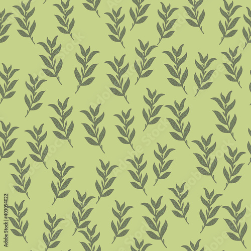 Fototapeta Naklejka Na Ścianę i Meble -  Seamless pattern with random little leaf branches silhouettes print. Light green background.