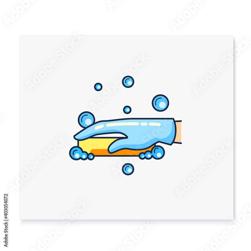 Soap cleaning color icon. Soaping, foaming. Housekeeper hand in blue glove with soap or sponge. Wet cleaning. Housekeeping and surface disinfection concept. Isolated vector illustration