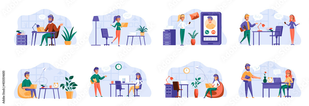 Support service scenes bundle with people characters. Customer support operator with hands-free headset working situations. Online consultation and assistance in call center flat vector illustration.