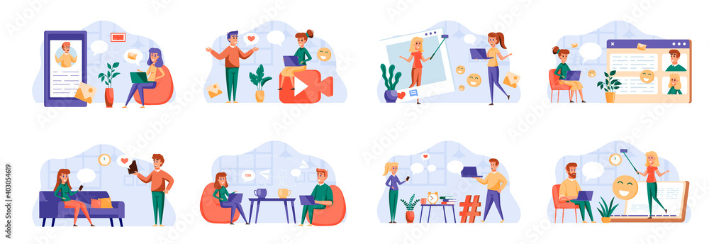 Social media bundle with people characters. People online communication and messaging with digital devices situations. Social media chatting, emailing and video streaming flat vector illustration