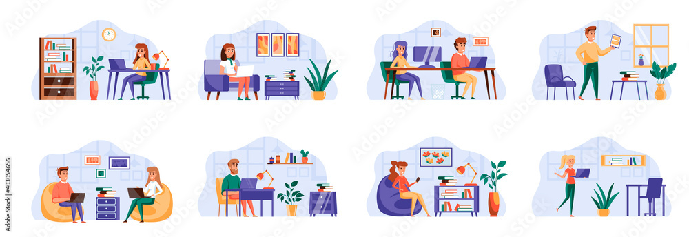 Fototapeta Coworking office bundle with people characters. Designers and developers communicate and working together in coworking space situations. Emploees and frelancers at workplace flat vector illustration