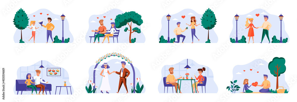 Love couple bundle with people characters. Happy Valentines Day in park, date in caffe, man proposing girl to marry, wedding ceremony situations. Romantic relationship flat vector illustration.