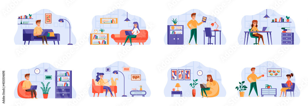Freelance work scenes bundle with people characters. Freelancers working and communicate at comfortable workspace situations. Distance working, self-employed occupation flat vector illustration.