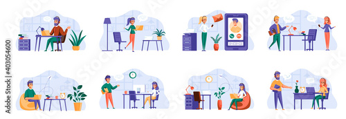 Support service scenes bundle with people characters. Customer support operator with hands-free headset working situations. Online consultation and assistance in call center flat vector illustration.