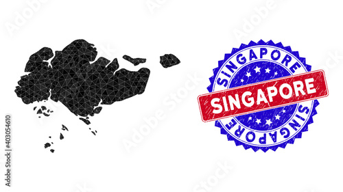 Singapore map polygonal mesh with filled triangles, and distress bicolor stamp imitation. Triangle mosaic Singapore map with mesh vector model, triangles have different sizes, and positions,