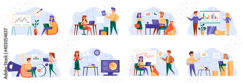 Marketing strategy bundle with people characters. Marketing department teamwork, research and presentation in office situations. Social media and digital content marketing flat vector illustration.