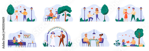 Love couple bundle with people characters. Happy Valentines Day in park  date in caffe  man proposing girl to marry  wedding ceremony situations. Romantic relationship flat vector illustration.