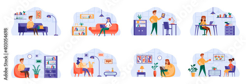 Freelance work scenes bundle with people characters. Freelancers working and communicate at comfortable workspace situations. Distance working  self-employed occupation flat vector illustration.