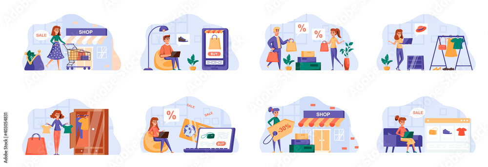 Shopping scenes bundle with people characters. People buy clothes, shoes and accessories, online order and delivery at home, discount marketplace situations. Internet shop flat vector illustration.