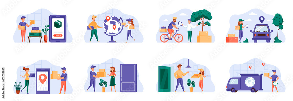Fototapeta Delivery scenes bundle with people characters. Online pizza ordering, bicycle courier delivery at home, global shipping service and logistics situations. Express delivery flat vector illustration.