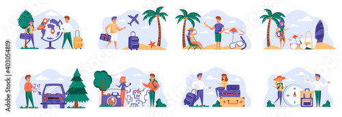 Travel vacation scenes bundle with people characters. Tourists hiking with backpacks, young couple relaxing on tropical beach situations. Summer holidays and activity flat vector illustration.