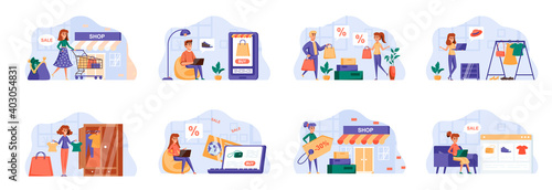Shopping scenes bundle with people characters. People buy clothes, shoes and accessories, online order and delivery at home, discount marketplace situations. Internet shop flat vector illustration.