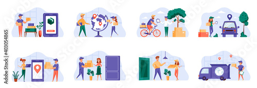 Delivery scenes bundle with people characters. Online pizza ordering, bicycle courier delivery at home, global shipping service and logistics situations. Express delivery flat vector illustration.