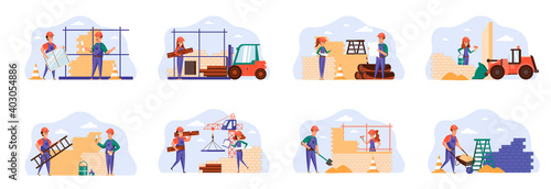 Builders scenes bundle with people characters. Engineer, painter, road worker and bricklayer working at construction site situations. Professional engineering and building flat vector illustration