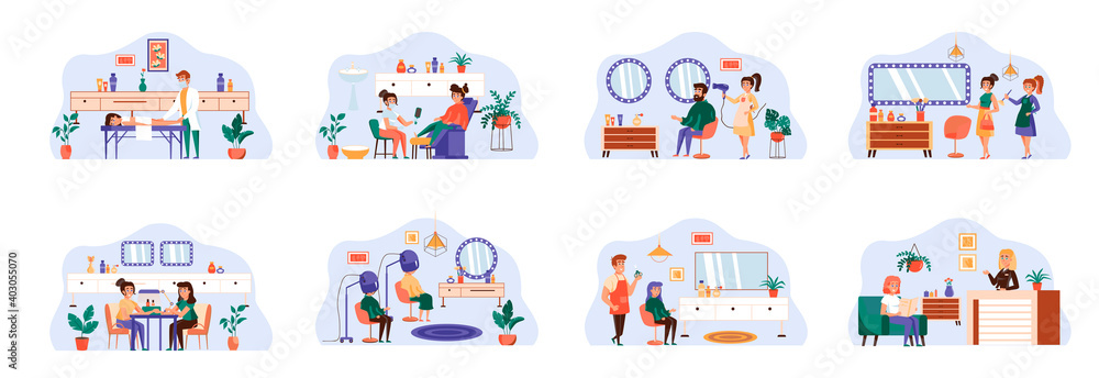 Fototapeta Beauty salon bundle of scenes with flat people characters. Barbershop conceptual situations. Manicure and pedicure, hairdressing, makeup, massage and cosmetology procedures cartoon vector illustration
