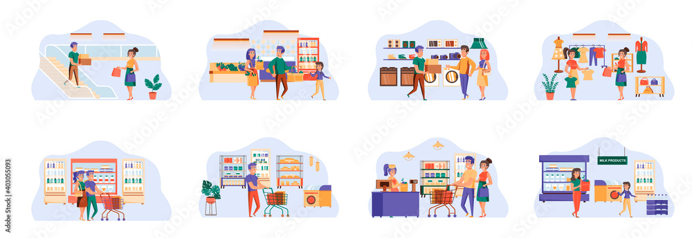 Shopping bundle of scenes with flat people characters. Weekend shopping in mall conceptual situations. Customers with purchases, family couple buy products and clothes cartoon vector illustration Shopping bundle of scenes with flat people characters. Weekend shopping in mall conceptual situations. Customers with purchases, family couple buy products and clothes cartoon vector illustration