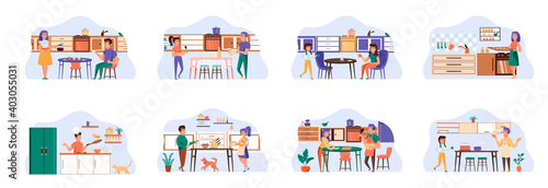 Cooking bundle of scenes with flat people characters. Happy people cooking on kitchen table at home conceptual situations. Family preparing food, delicious and healthy meal cartoon vector illustration