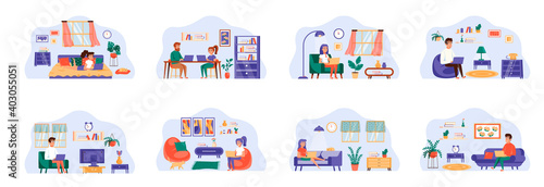 Freelance bundle of scenes with flat people characters. Freelancer working with laptop at home conceptual situations. Distance work in home office, convenient workplace cartoon vector illustration.