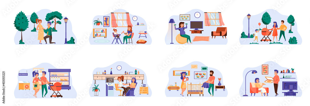 Pregnancy bundle of scenes with flat people characters. Motherhood and childhood of newborn conceptual situations. Young married couple expecting baby and after childbirth cartoon vector illustration