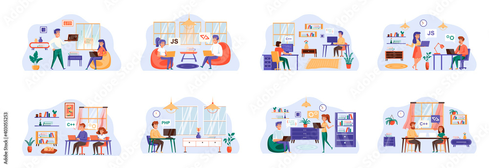 Software testing bundle of scenes with flat people characters. Developers debugging digital application conceptual situations. oftware testing, search of program bugs cartoon vector illustration