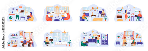 Software testing bundle of scenes with flat people characters. Developers debugging digital application conceptual situations. oftware testing, search of program bugs cartoon vector illustration