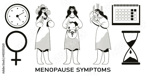 woman with menopause problem, feeling of depression, cold sweat and isolated symbols signifying the onset of menopause, vector illustration