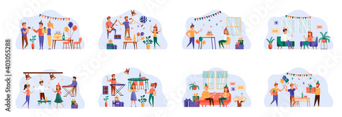Party bundle of scenes with flat people characters. Happy friends celebrating holiday, dancing in nightclub with dj, making photo, having fun together situations. Birthday party vector illustration.