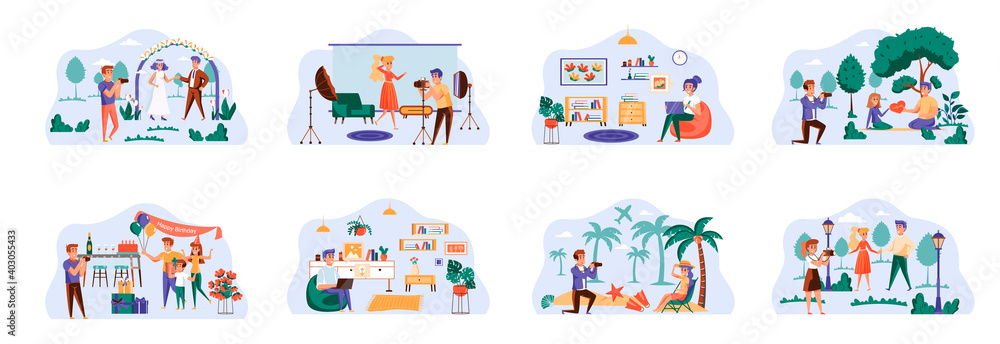 Designers and photographers bundle of scenes with people characters. Professional photography of festive events conceptual situations. Digital designer work with laptop cartoon vector illustration.