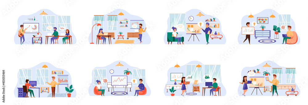 Business training bundle of scenes with flat people characters. Business instructor making presentation conceptual situations. Coaching and mentoring, career development cartoon vector illustration Business training bundle of scenes with flat people characters. Business instructor making presentation conceptual situations. Coaching and mentoring, career development cartoon vector illustration