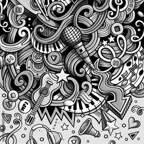 Music hand drawn raster doodles illustration. Musical frame design