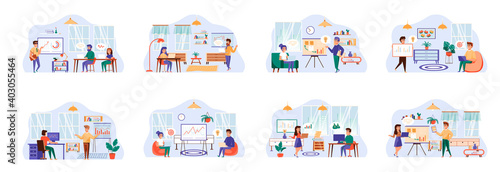 Fototapeta Naklejka Na Ścianę i Meble -  Business training bundle of scenes with flat people characters. Business instructor making presentation conceptual situations. Coaching and mentoring, career development cartoon vector illustration