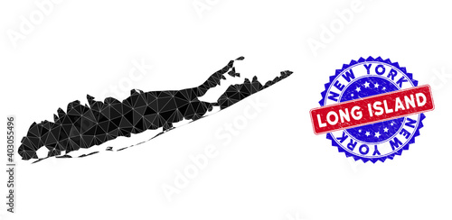 Long Island map polygonal mesh with filled triangles, and rough bicolor seal. Triangle mosaic Long Island map with mesh vector model, triangles have various sizes, and positions, and color tinges.