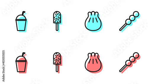 Set line Khinkali on cutting board, Milkshake, Ice cream and Meatballs wooden stick icon. Vector.