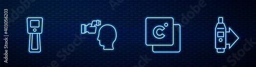 Set line Celsius, Digital thermometer, Checking body temperature and . Glowing neon icon on brick wall. Vector.