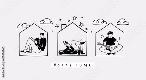 Set of three Persons isolated at the tiny houses. Cute characters. Stay at home concept. Self isolation. Hand drawn trendy Vector illustration. Sketchy doodle style. Poster template