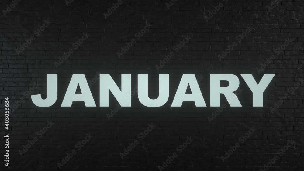 JANUARY -Realistic Metal Sign on Black Brick Wall background - 3D illustration JANUARY -Realistic Metal Sign on Black Brick Wall background - 3D illustration