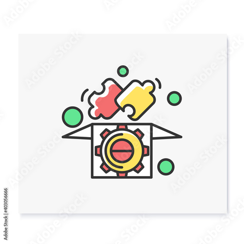 Solution color icon. Jigsaw puzzle fit into box with gear linear picogram. Problem solving and creative solution production concept. Isolated vector illustration for web and business presentation