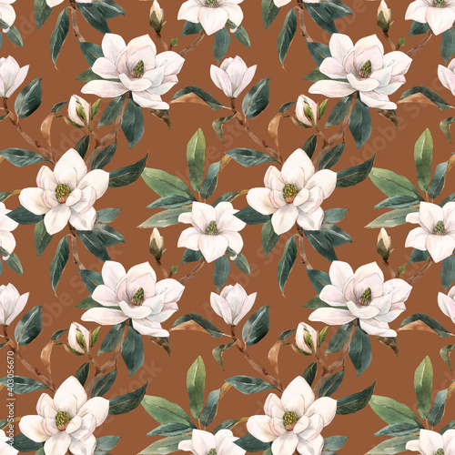 Beautiful seamless pattern with hand drawn watercolor white magnolia flowers. Stock illustration. © zenina