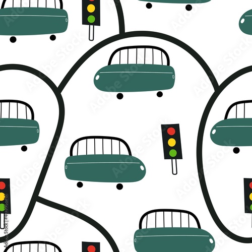 seamless pattern with cartoon cars, road, decor elements. Colorful vector flat style for kids. hand drawing. baby design for fabric, print, wrapper, textile