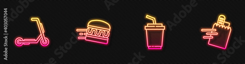 Set line Paper glass with water, Scooter delivery, Online ordering burger and and. Glowing neon icon. Vector.