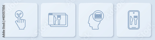 Set line Online ordering and delivery, , and . White square button. Vector.