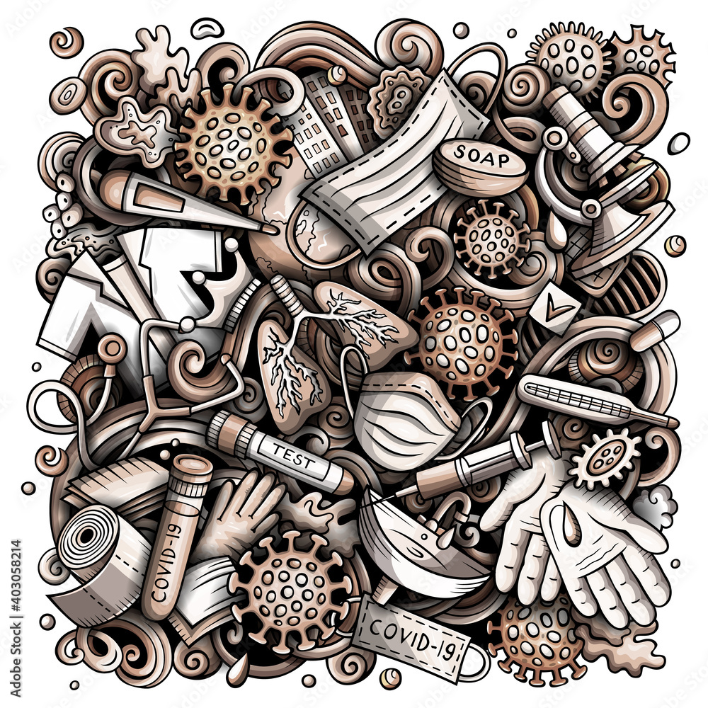 Coronavirus hand drawn raster doodles illustration