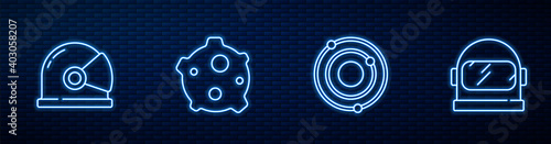 Set line Solar system, Astronaut helmet, Asteroid and . Glowing neon icon on brick wall. Vector.
