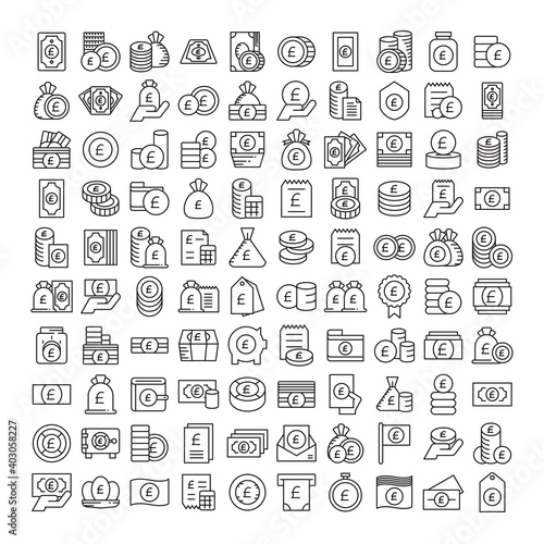 Pound money coin, money bag, stack of coins icons set line design
