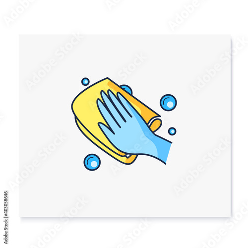 Cleaning tissue color icon. Wiping with cloth. Housekeeper hand with napkin. Wet cleaning. Housekeeping and surface disinfection concept. Isolated vector illustration