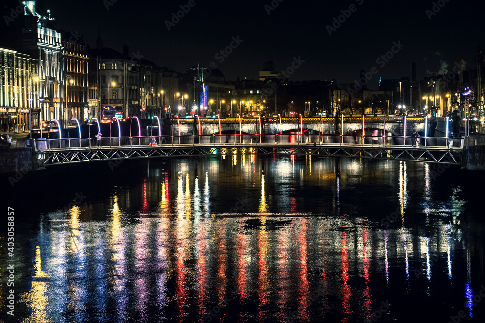 Night in Dublin, Millennium Bridge. Street christmass Lights with Long Time Exposure