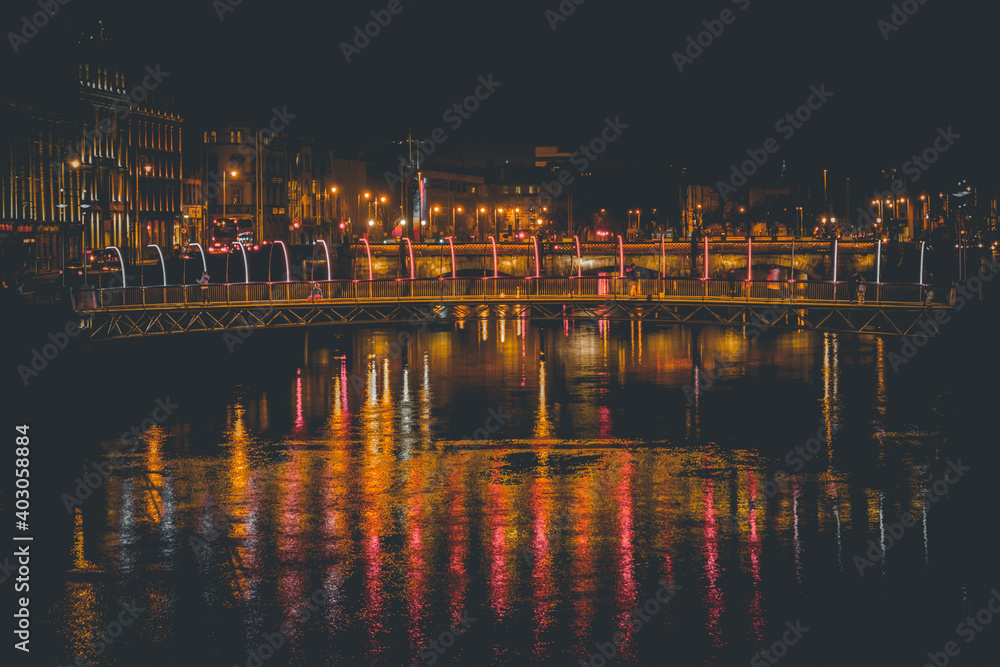Night in Dublin, Millennium Bridge. Street christmass Lights with Long Time Exposure