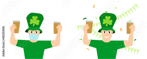 Saint Patrick Day celebration. Man in green clothes and traditional hat with beer glasses in hands. Flat style cute vector illustration