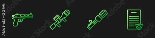 Set line Anti-tank hand grenade, Desert eagle gun, Sniper optical sight and Firearms license certificate. Gradient color icons. Vector.