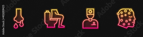 Set line Male doctor, Runny nose, Constipation and Psoriasis eczema rash. Glowing neon icon. Vector.